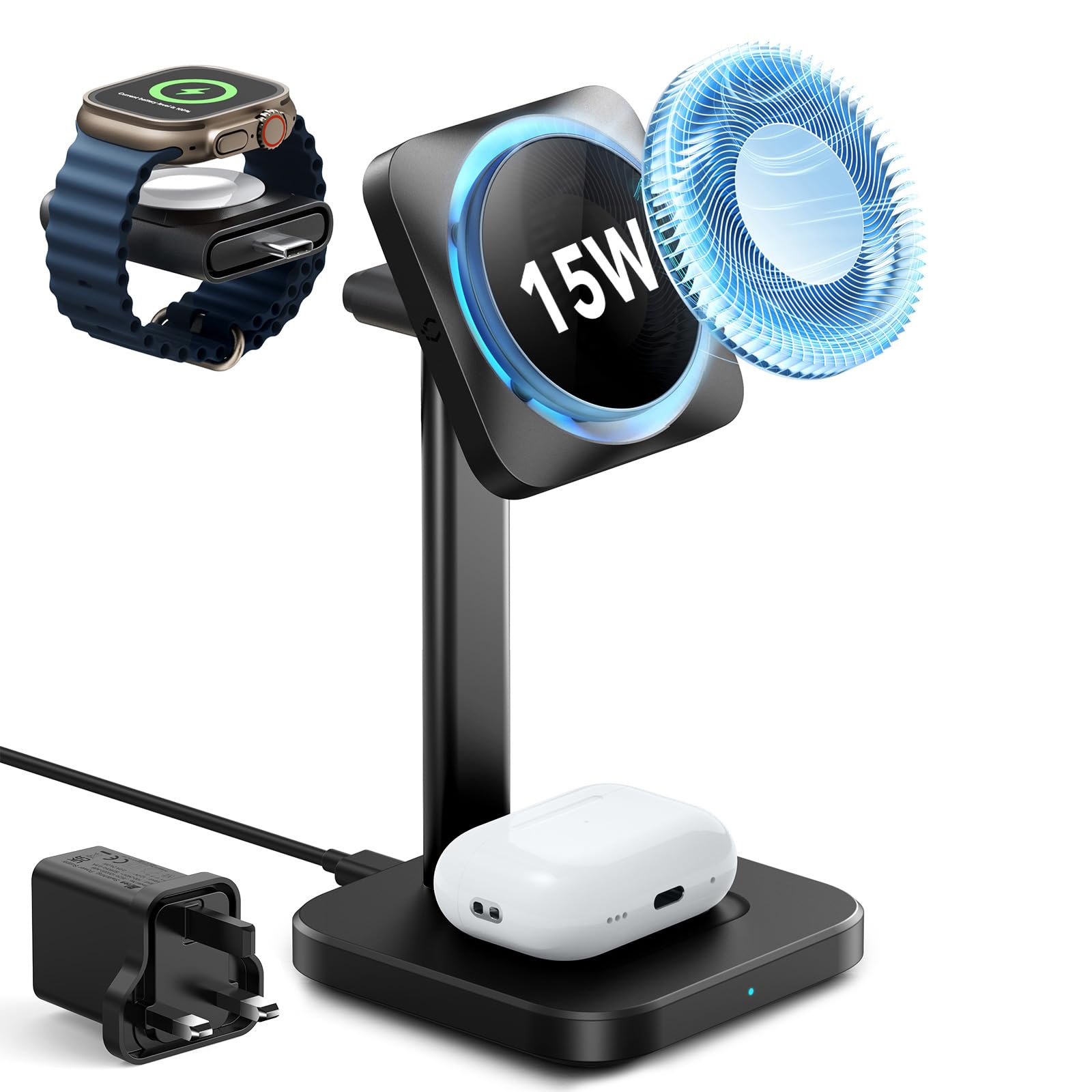 ESR for 3 in 1 Wireless Charging Station with CryoBoost, [Certified] Apple Watch Charger & 15W Charger Stand, Phone-Cooling Wireless Charger, for iPhone 17/16/15/14/13, Watch & AirPods, Black