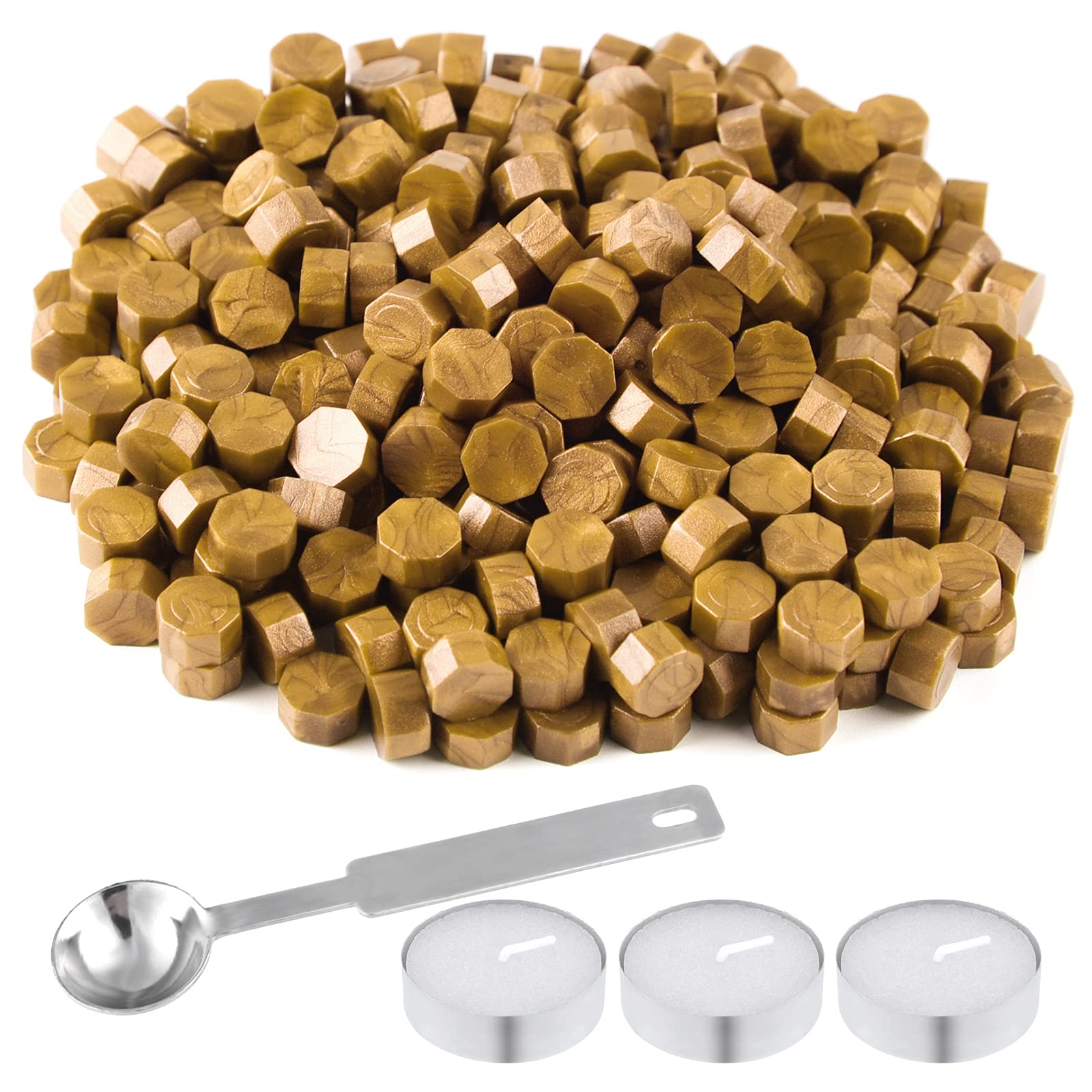 FEPITO 300 Pcs octagon Sealing Wax Beads with 3 Pcs Tea Candles and 1 Pcs Wax Melting Spoon for Wax Stamp Sealing (Gold)