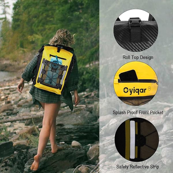 OYIQAR WATERPROOF DRY BAG BACKPACK HEAVY DUTY HIKING BACKPACK ROLL TOP CLOSURE WATERPROOF BAG WATERPROOF PADDED DRY BAG WITH IPX8 WATERPROOF PHONE CASE – DRY BAG FOR HIKING, KAYAKING (YELLOW, 25L)