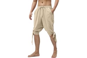 Heyigrow Mens Pirate Shorts Renaissance Viking Costume, Medieval Lace-up Banded Pants Cotton Linen Cosplay Outfits