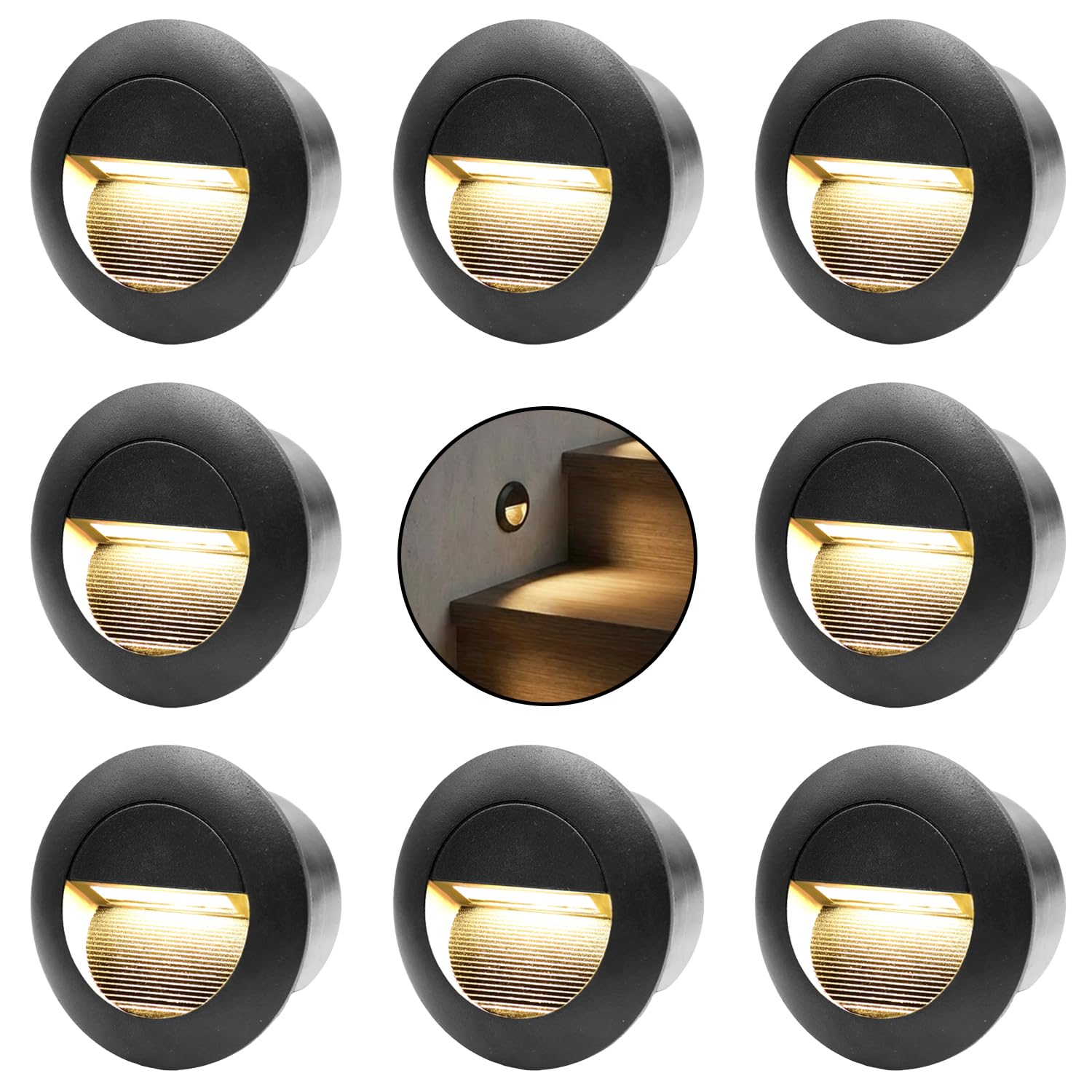 FWoche 3W Stair Lights Wall Recessed Lamp Warm White, Round Staircase Light, LED Step Night, Aluminium Waterproof Wall Lighting Indoor/Outdoor, Garden Lighting Deck Balcony Black, 8pcs