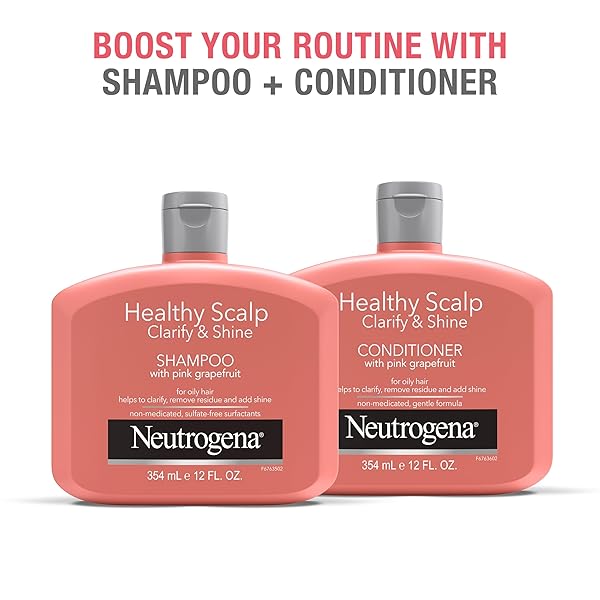 NEUTROGENA EXFOLIATING HEALTHY SCALP CLARIFY & SHINE SHAMPOO FOR OILY HAIR AND SCALP, ANTI-RESIDUE SHAMPOO WITH PINK GRAPEFRUIT, PH-BALANCED, PARABEN & PHTHALATE-FREE, COLOR-SAFE, 12OZ