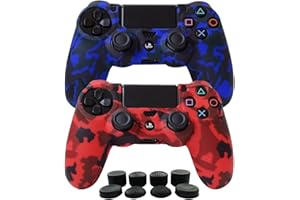 Hikfly Silicone Gel Controller Cover Skin Protector Compatible with Sony PlayStation 4 PS4/PS4 Slim/PS4 Pro Controller (2X Camouflage Cover with 8 x FPS Pro Thumb Grip Caps)(Red,Blue)