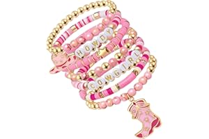 7-Pack Cowgirl Beaded Stretch Bracelets, Stackable Western Charm Bracelet Set with Pink Boot & Hat Charms for Women Girls, Y2
