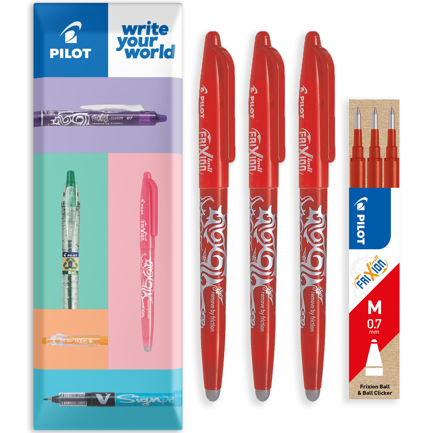 PILOT Frixion Heat/Friction Erasable Rollerball Pen FR7 - Medium Line 0.7mm Tip Nib - In Envelope Gift Packaging - Pack of 3 Pens + 3 Refills (Red)