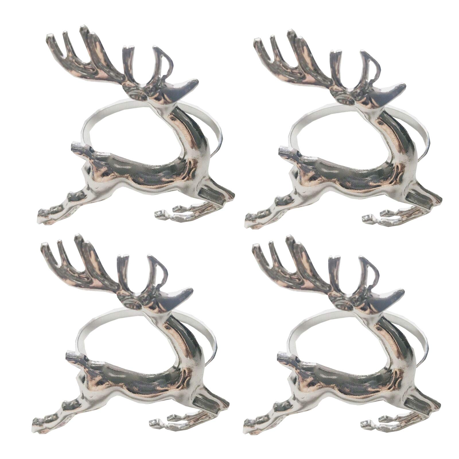 4pcs Christmas Silver Reindeer Napkin Rings Napkin Holders-Stag Napkin Rings Table Decorative Ornament Xmas Napkin Holders Napkin Buckles Serviette Rings for Xmas Holiday Party Dining Table Decoration