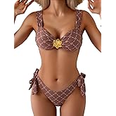 Eomenie Women's Bikini Sets Two Piece Metal Swimsuits V Neck Lace Up Bathing Suits Sexy Wide Strap Tie Back Swimwear