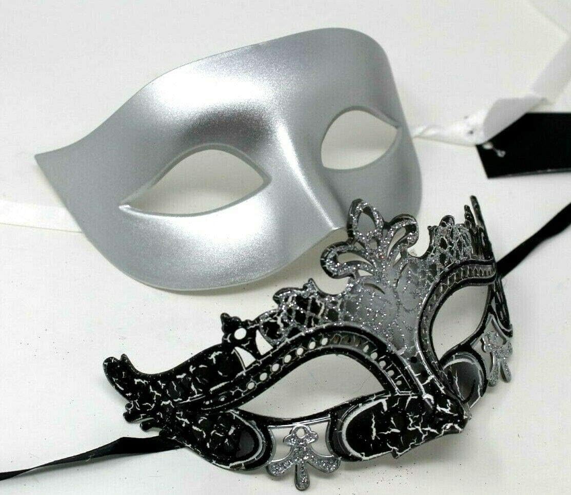 HIS N HERS PAIR OF CO-ORDINATED SILVER & BLACK COUPLES VENETIAN MASQUERADE CARNIVAL PARTY BALL EYE MASKS, Silver Black, 8cm deep - Image 4