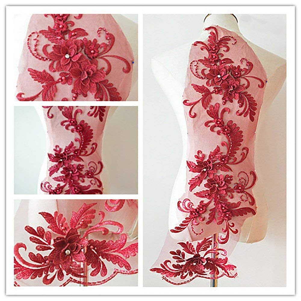 3d Lace Appliqué Flower Patch Great for DIY Decorated Craft Sewing Costume Evening Bridal Top 3 in 1 20cm*72cm A1 (Burgundy)