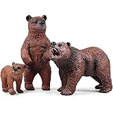Grizzly Bear Toys Figurines, Plastic Forset Animals Bear Figures for Kids, Realistic Woodland Creature Party Supplies Cake Toppers, Pack of 3