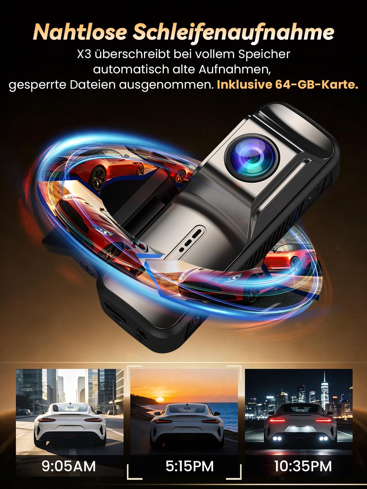 FLUXEONS 4K +1080P Dashcam Auto Vorne Hinten mit 64GB Karte, APP Steuerung mit 5GHz Wi-Fi, G-Sensor, 170° Weitwinkel, Nachtsicht, WDR, 24/7 Parküberwachung, Loop-Aufnahme (X3) 5