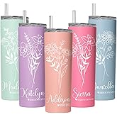 BluChi Personalized Floral Stainless Steel 20oz Skinny Travel Mug Tumbler Sets with Birth Flower & Custom Name, 3 Count - Perfect for Weddings, Bachelorette Parties, Birthdays & More