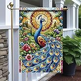 Tomhong Peacock Garden Flag 12x18 Inch Double Sided Outdoor Yard Banner Colorful Stained Glass Peacock Design Floral Pattern Decorative Flag for Spring Summer Garden Home Decor