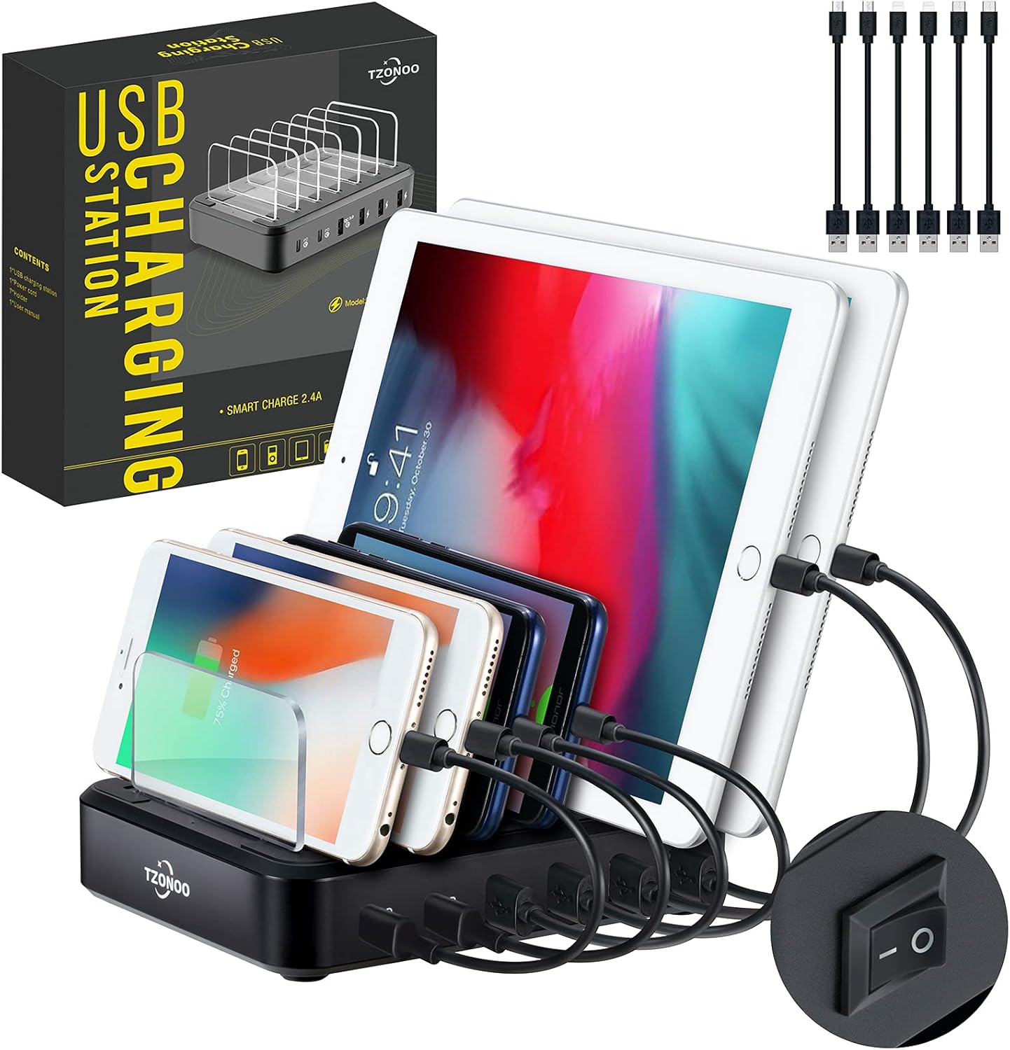 TZONOO 2PD 84W USB Charging Station 6 USB Ports Fast Multi Charger Stand Organizer Heavy Duty Dividers for Cell Phones Tablets Smartphones Electronics for iPhone 12/11 Apple Andiro Home Office(Black): Electronics