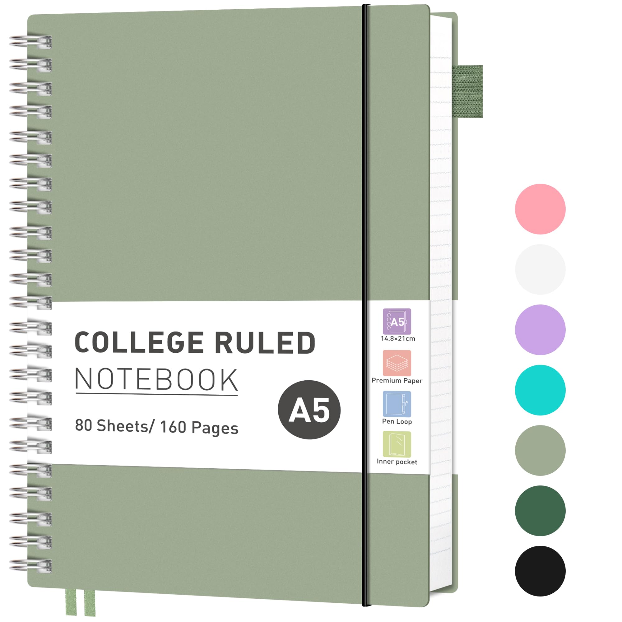 RETTACY A5 Notebook, Journals for Women Lined,Wirebound Spiral Notebook 160 Pages for Writing,100gsm College-Ruled Paper, PVC Pocket,Pen Loop, Ruler, Bookmark,14.5 x 20.7cm- Light green