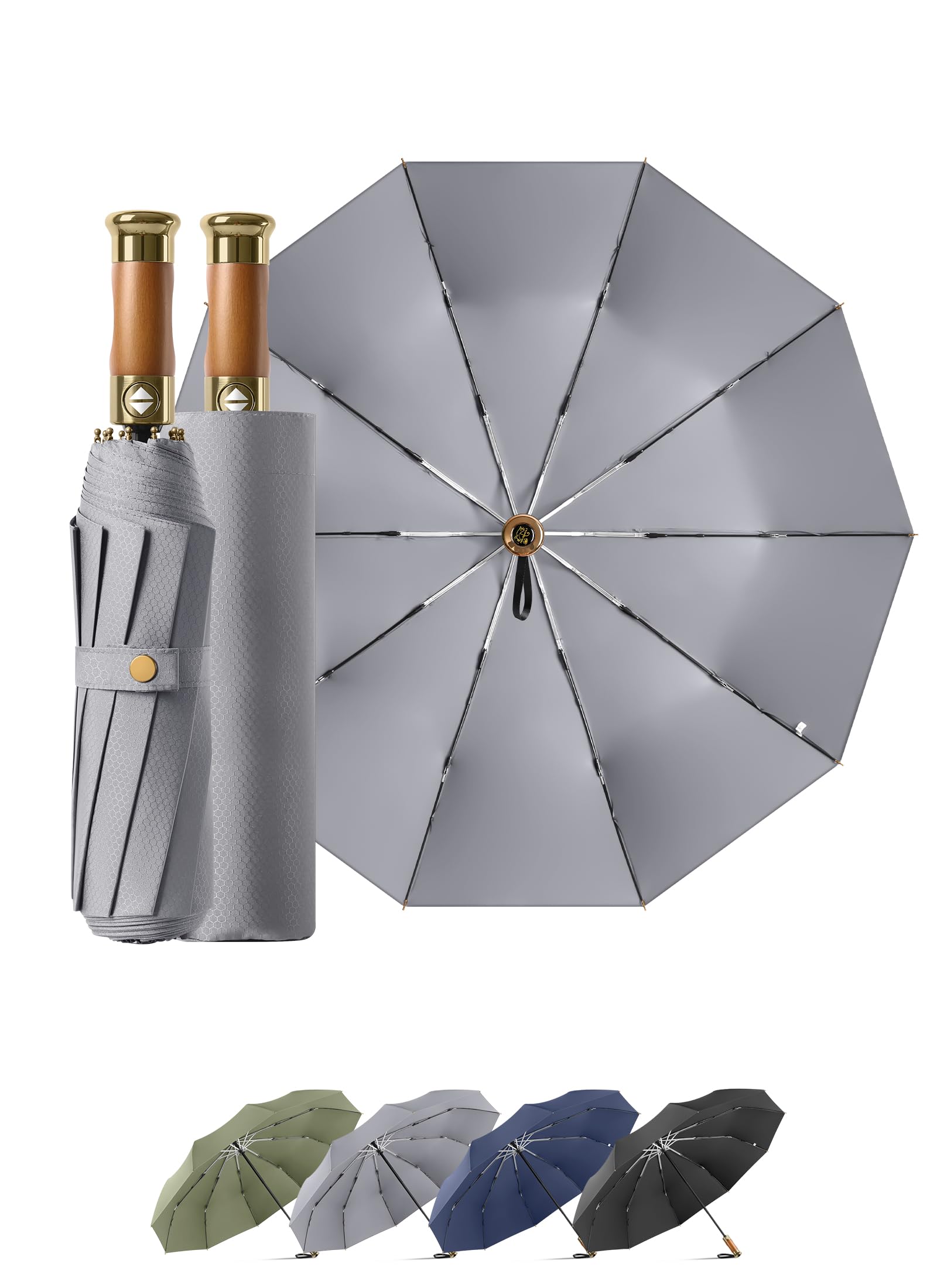 Photo 1 of ***HAS BROKEN PIECE ON UMBRELLA/Rain Cats Large 45/50 Inch Umbrellas for rain Strong10 Ribs Fiberglass Umbrella Windproof Wabig Compact Automatic portable Folding Travel Thick Fabric Wood handle (A-Silver, 45 inches in diameter)
