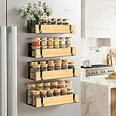 WY Family (4 Pack) Magnetic Spice Storage Rack Organizer for Refrigerator and Oven, 4 Strong Magnetic Shelf, Black Fridge Storage, Spice Rack Organizer, Metal-Bamboo
