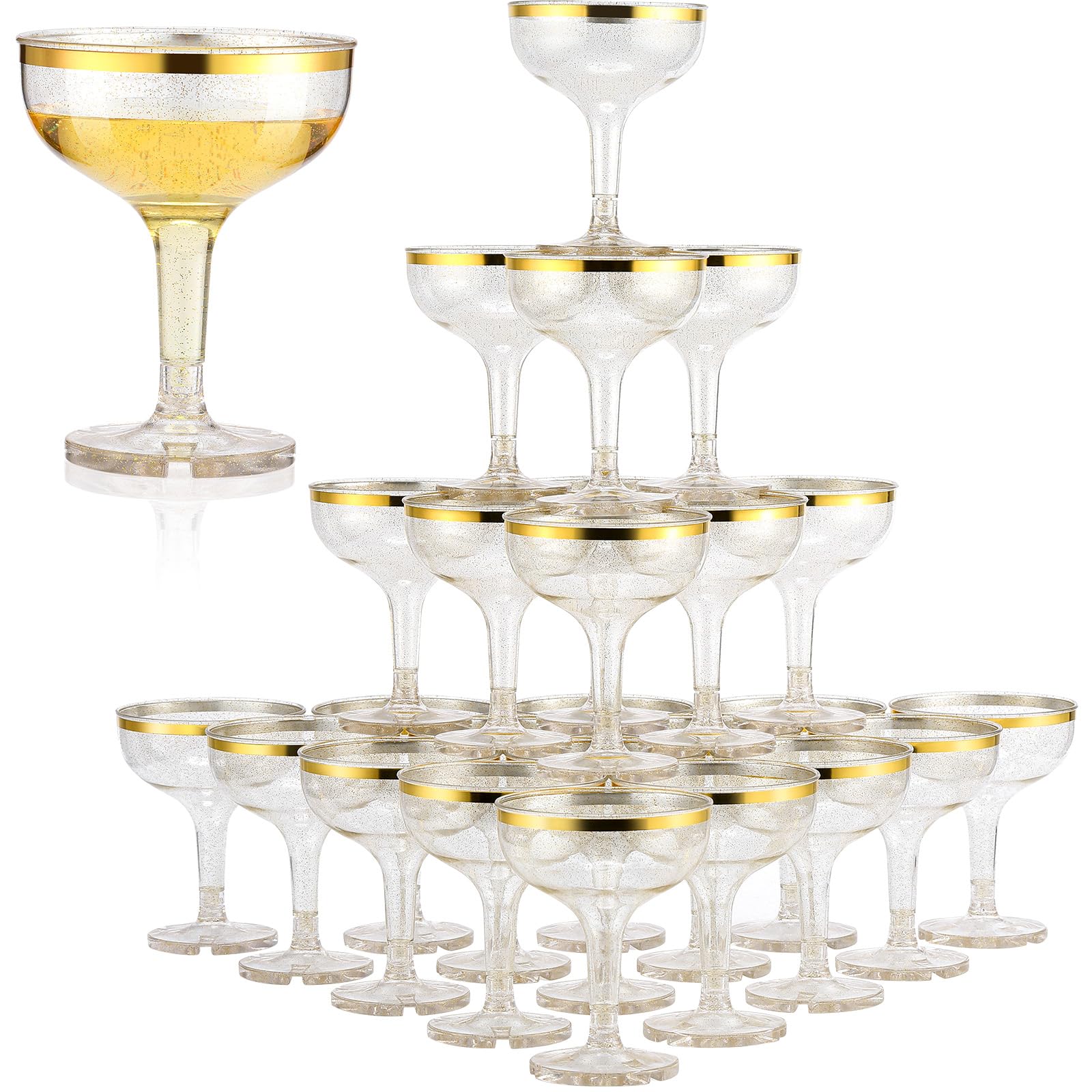 Photo 1 of Zopeal 50 Pcs Plastic Champagne Glasses 5 oz Plastic Coupe Disposable Cocktail Cup for Wedding Party Birthday Anniversary Stackable Reusable Martini Glasses (Gold Rim,Gold Glitter)