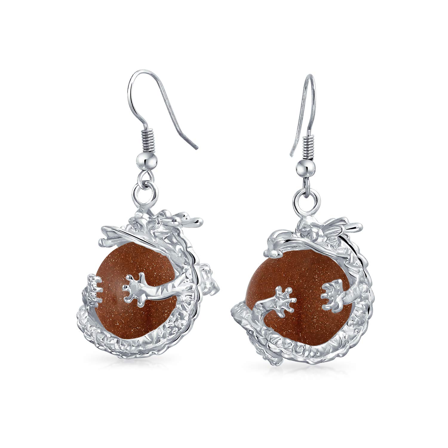 Metallic Crystal Golden Brown Goldstone Round Ball Dangle Wrapped Orb Chinese Asian Dragon Earrings For Women Teen