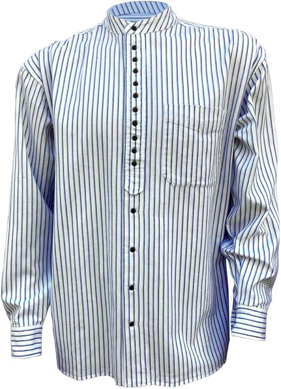 Civilian Irish Grandfather Shirt Collarless 20's Twill, White With Blue