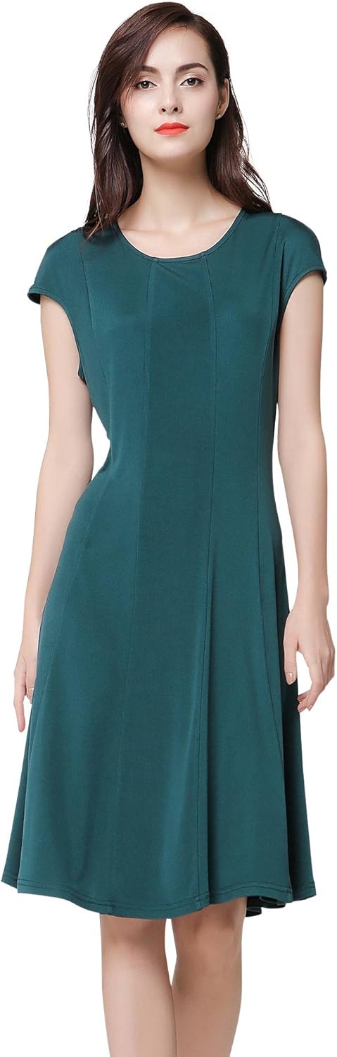 VOA Women's Silk Knitted Dark Green Scoop Neck Short Sleeve Midi Dress A6701 at Amazon Womenâs 