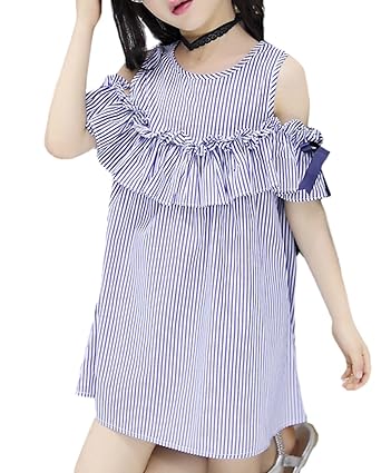 Amazon Snoneオフショルダーワンピース 韓国子供服 ストライプ柄 Amazon Snoneオフショルダーワンピース 韓国子供服 ストライプ柄