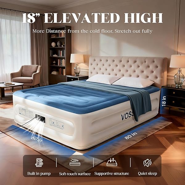 VOSSER QUEEN AIR MATTRESS WITH BUILT-IN PUMP,18” RAISED BLOW UP MATTRESS, LEAK-PROOF AIR BED WITH STORAGE BAG, FLOCKED TOP INFLATABLE MATTRESS FOR HOME, CAMPING & GUESTS, I-BEAM, COLCHON INFLABLE
