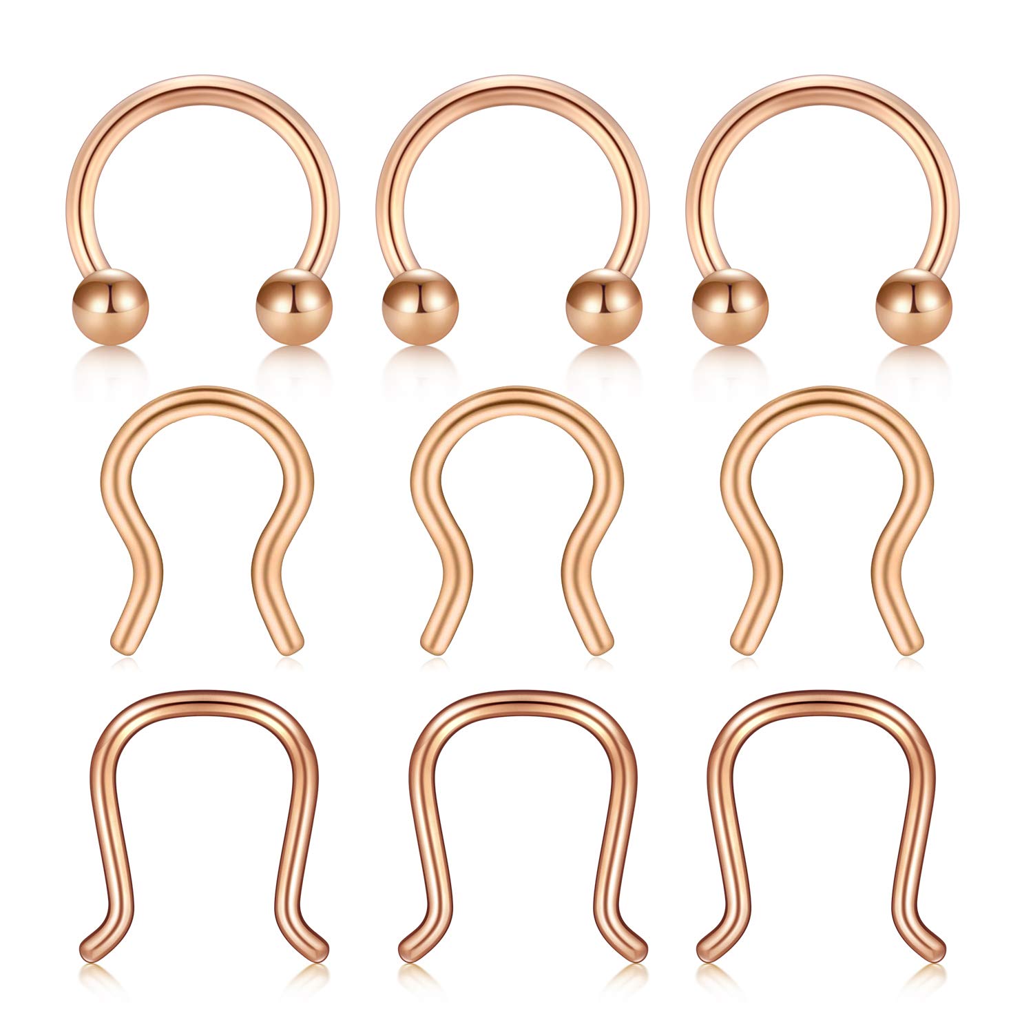 16G Stainless Steel Fake Nose Ring Hoop Horseshoe Septum Piercing Helix Cartilage Earring Non-Pierced Nose Hoop Jewellery 9PCS - Rose gold
