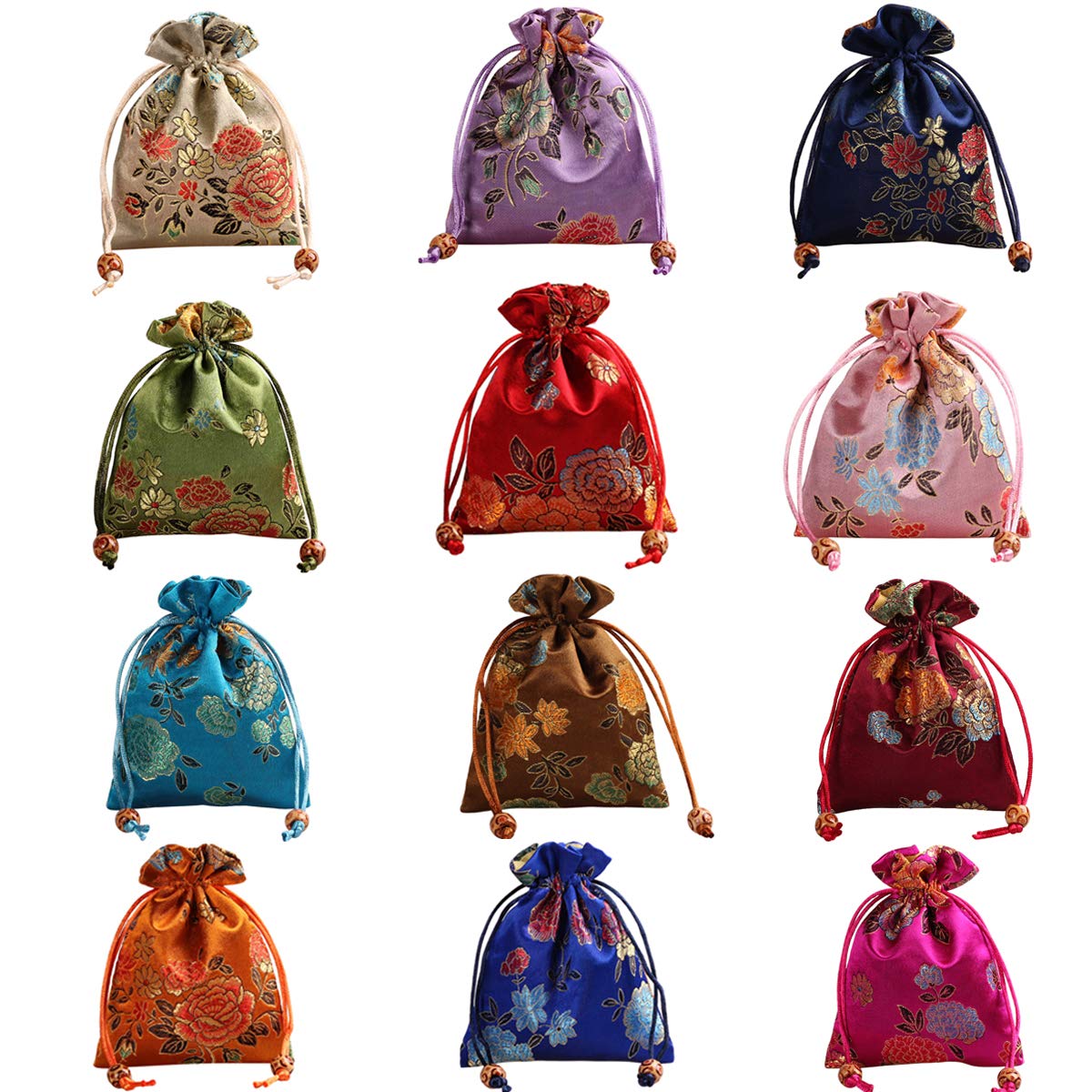 Aileder 12 PCS Silk Brocade Jewellery Pouch Drawstring Gift Bag for Wedding Party and DIY Craft