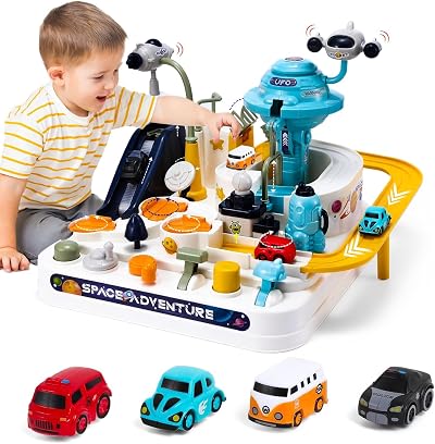 TODARRUN Kids Race Track Toys Space City Rescue 4 Cars 1 Rocket Gift
