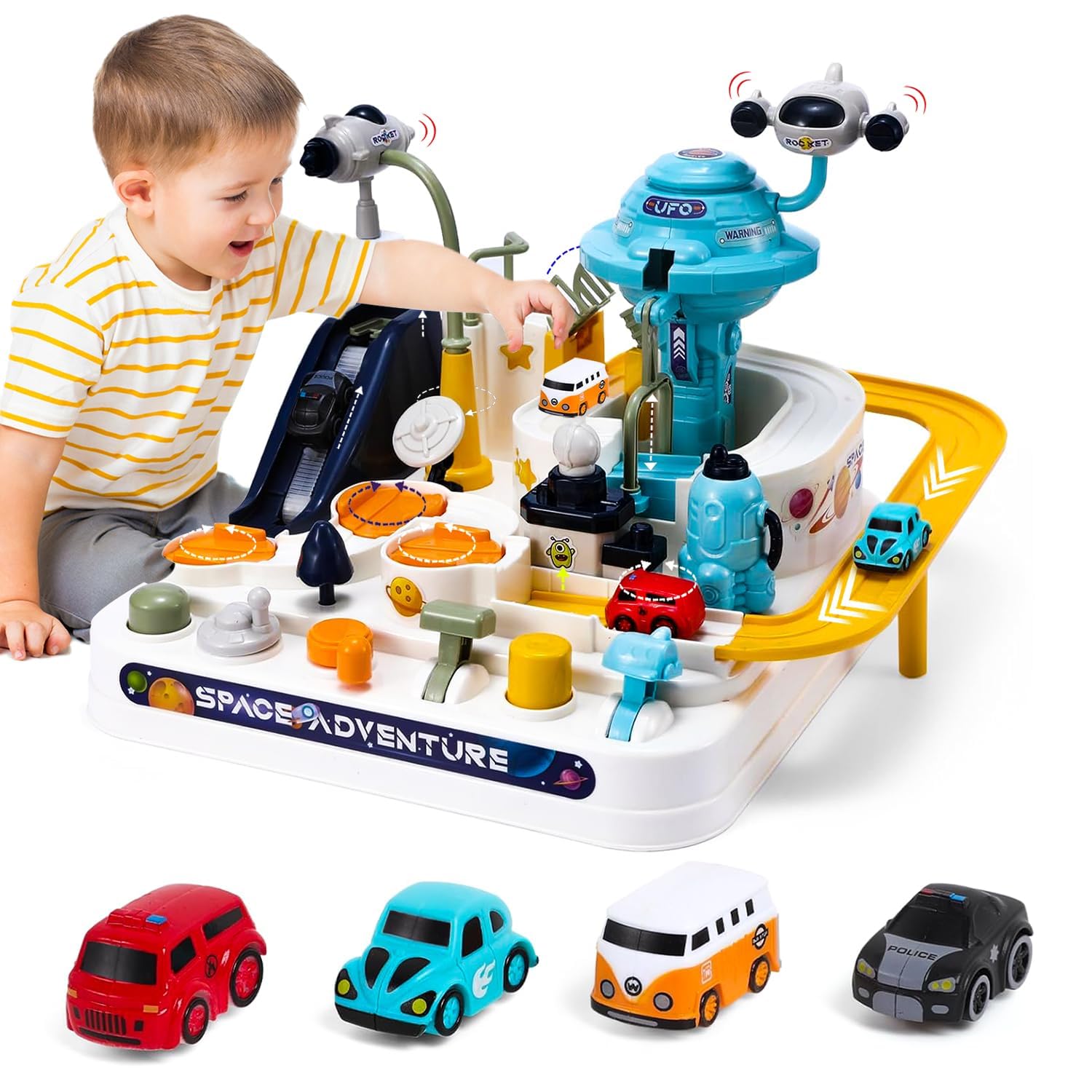 TODARRUN Kids Race Track Toys for Boy Car Adventure Toy for 3 4 5 6 7 8 Years Old Boys Girls,Space City Rescue Playsets Toys 4 Mini Cars, Preschool Educational Car Games Gift Toy