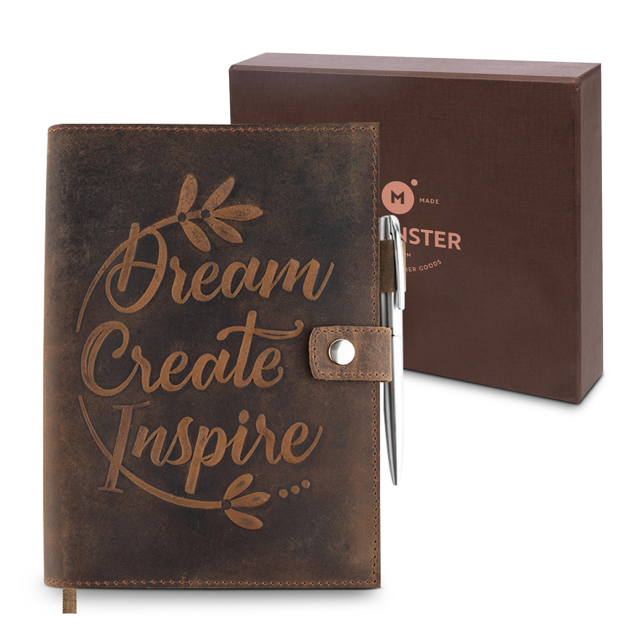 moonster Vintage Leather Journal – Dream Create Inspire Handmade Leather Bound Cover for Journaling, Writing, Diary, Planner & Travel – Refillable Notebook with 320 Lined Pages A5 & Luxury Pen