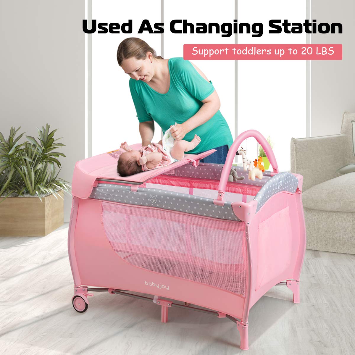 BABY JOY 3 in 1 Pack and Play, Foldable Baby Travel Crib with Bassinet, Changing Table, Brake Wheel, Convertible, Newborn Napper with Storage Shelf, Oxford Carry Bag, Portable Baby Playard