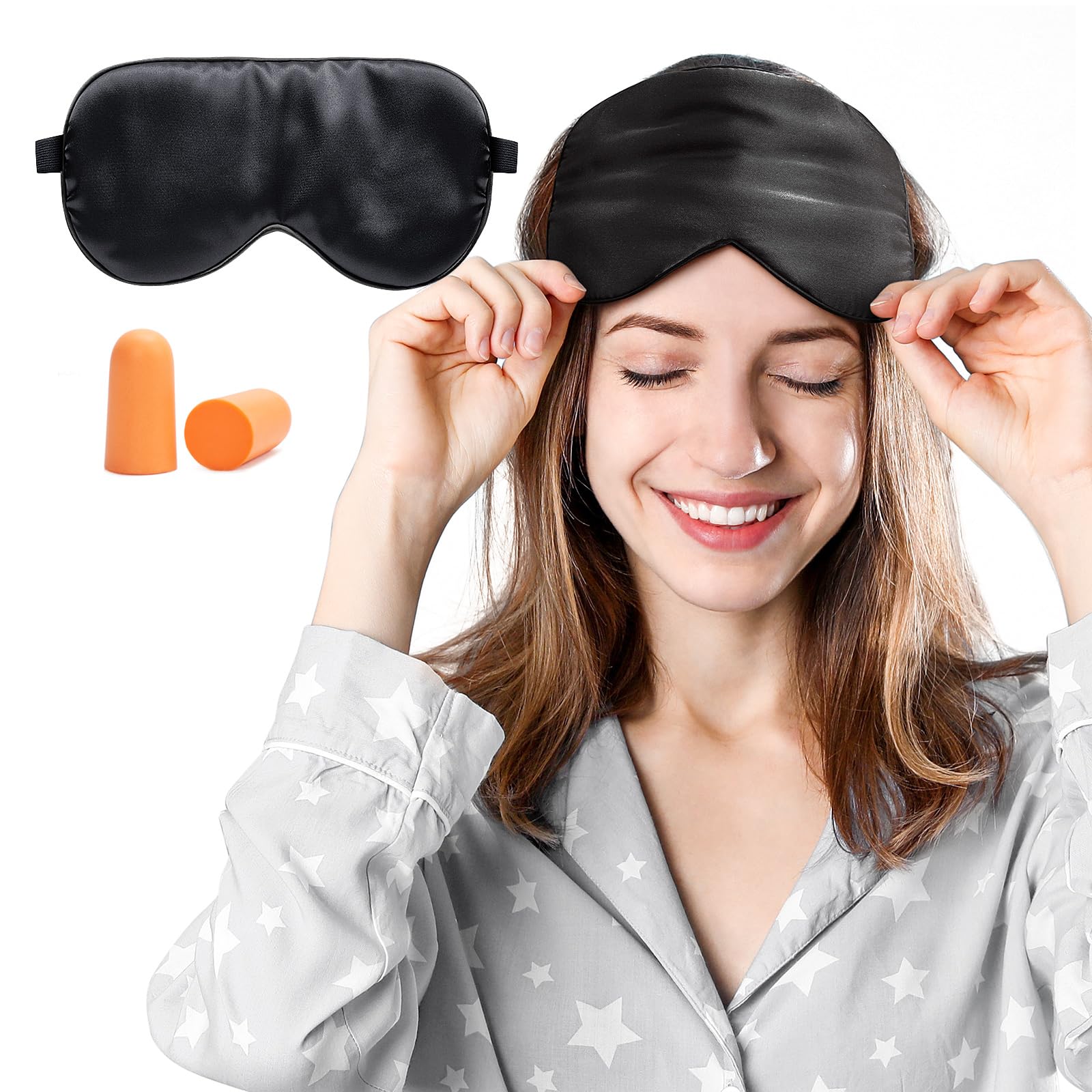 Viedouce Sleep Eye Mask,100% Natural Silk Eye Mask for Sleeping,Eye Blinder with Adjustable Strap and Ear Plug,Light-Blackout Design,Soft Sleep Mask for Women,Men and Kids(Black) — image 1