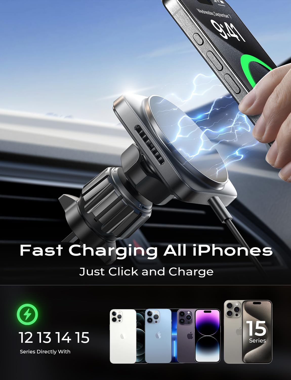 LISEN 2 Pack Fits Magsafe Car Mount Charger for iPhone 16 Car Mount, [Heat Dissipation] 15W Magnetic Wireless Car Charger, 2025 Mag Safe Car Charger Mount Vent Charger for iPhone 15 Pro Max 14 13 12