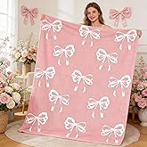 yuboo Pink Bow Throw Blanket, Coquette Girly Easter Gifts for Kids Women Teens, Soft Flannel Cute Pink Bow Blanket Bedding for Preppy Spring Birthday Gift Decor, 50 x 60In