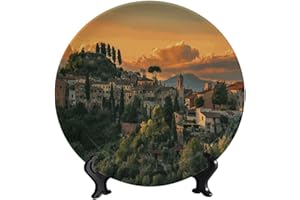 LIGUTARS Tuscany Italy Round Decorative Plate, Town at Dusk Round Decorative Plate, with Stand Art Porcelain Plate, for Display Kitchen Wall Decor Dinner Plate Dessert Dish Home Office Wall Decor