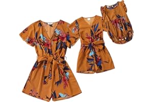 AWIBMK Mommy and Me Dresses Outfits Floral Sling Family Matching Romper V Neck Clothes Suit Set for Mother and Daughter