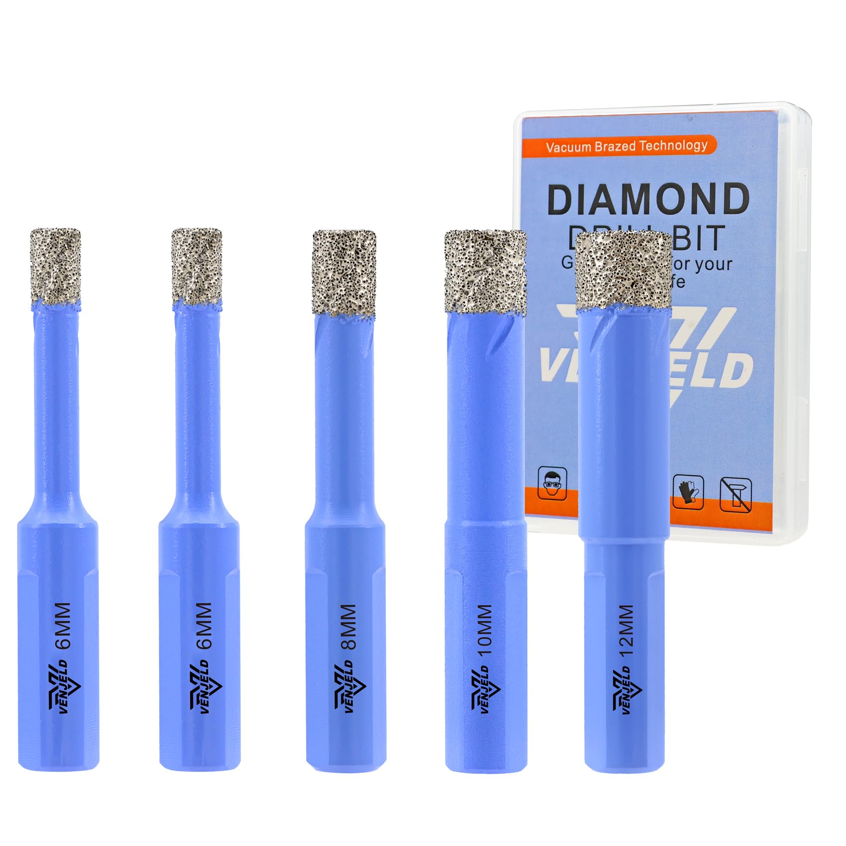 Dry Diamond Drill Bits Set - 6/6/8/10/12mm 5Pcs Tile Hole Saw Kit for Ceramic Porcelain Tile Marble Granite - Triangle Shank with Storage Case
