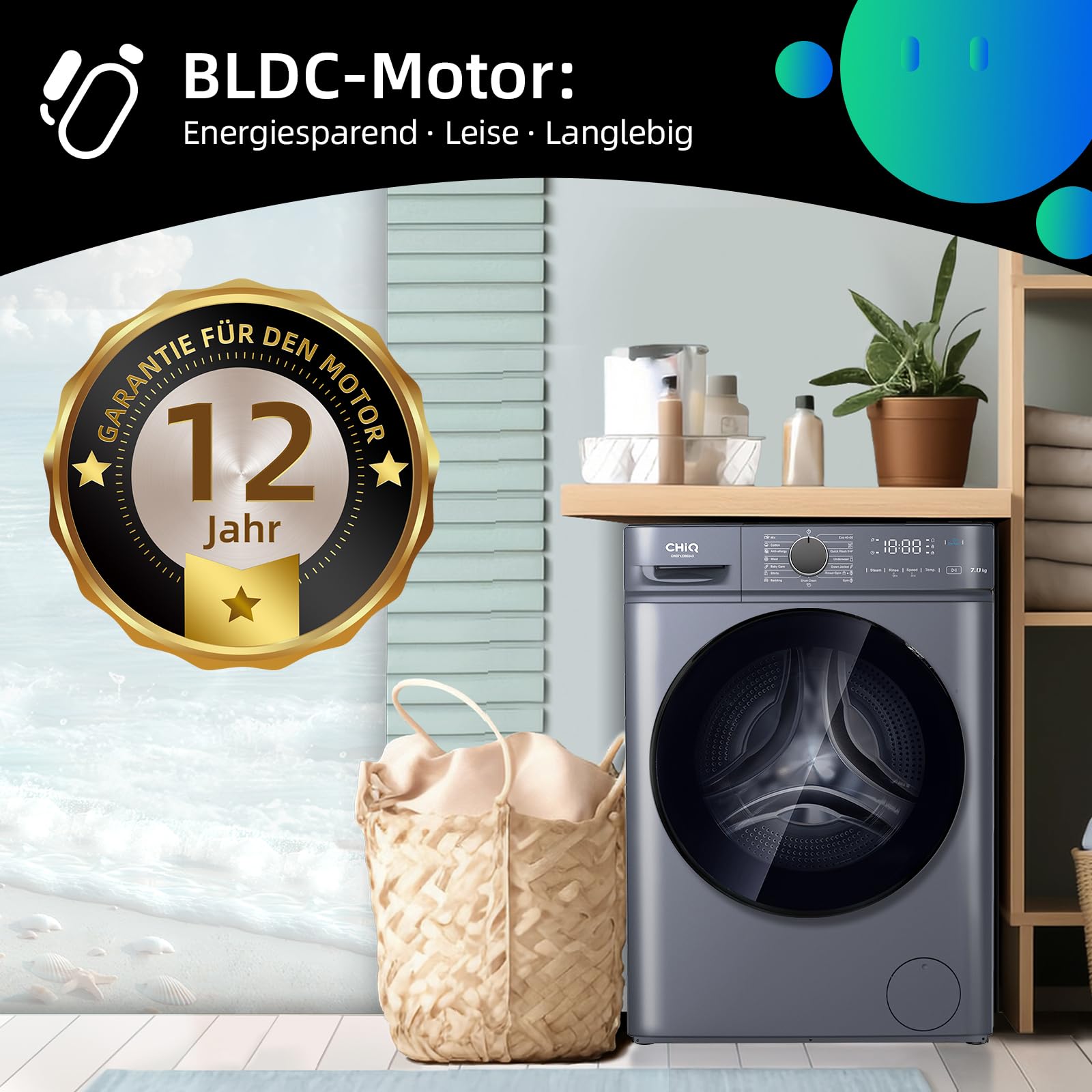 CHiQ Waschmaschine 7kg, InverterMotor, EEK A| 60x46,5x84cm, Große Tür| Eco, Speed Wash, Auto Clean, Kindersicherung|1200 U/Min, Washer Grau, CW07123863AX 4