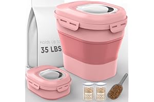 PAFINO Dog Food Storage Container, 25-32Lbs Collapsible Dog Food Container with Airtight Lids,Wheels,Scoop and 2PCS Pet Food Storage Containers,Large Dry Pet food Container for Dog, Cat and Other Pet-Pink