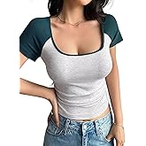 Falechay Womens Summer Tops Short Sleeve Going Out Top Crop Color Block Shirts Y2K Clothes Casual Slim Fit Club Tshirts 2025