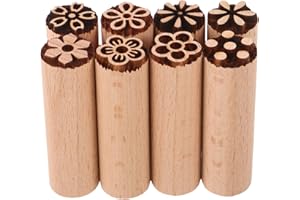 JOINPAYA 8pcs Hand Made Wooden Art Craft Stamps with Floral Shape, round Engraved Design for Clay