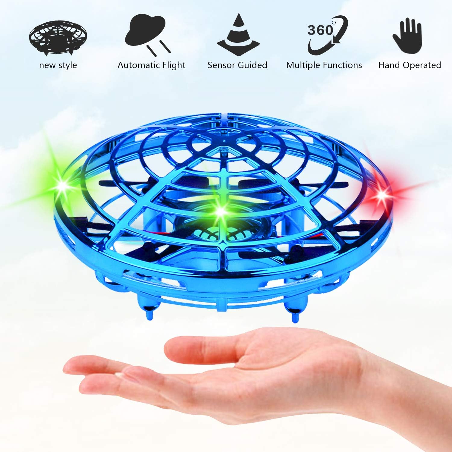 UFO Flying Ball Toys for Kids and Adults, Rechargeable Mini Quadcopter with 360° Rotating and Shinning LED Indicator Infrared Induction Hand-Controlled Drones Gravity Defying helicopter Gift (blue)