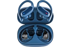 TRAUSI Wireless Earbuds Bluetooth Headphones, Bluetooth 5.3 Stereo Over Ear Buds,Noise Cancelling Mic, IP7 Waterproof Headset for Running/Workout - Navy Blue