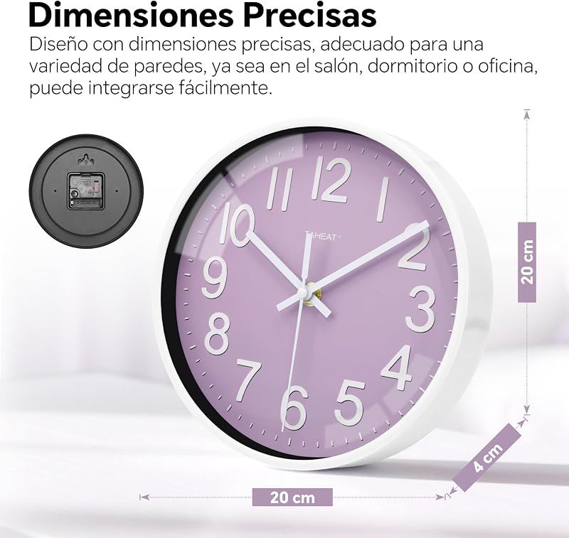 Reloj de Pared para Cocina, Reloj Morado con Pilas Silencioso Moderno de 20 CM, Decorativo para Cocina, Sala de Estar, Dormitorio, Baño, Oficina y Café — foto 4 de 7