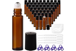StellaCare Roller Bottles for Essential Oils,10ml Empty Glass Perfume Bottle with Stainless Steel Roller Balls, Opener,Droppers,Labels,48 pack Roll on Bottles