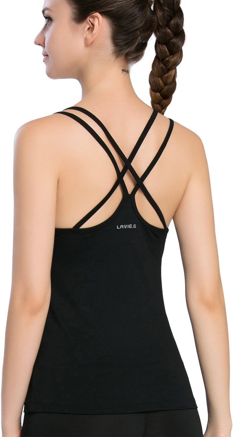 Campeak Women's Solid Strap Cami with Built in Shelf Bra Workout Sport Camisole Tank Top