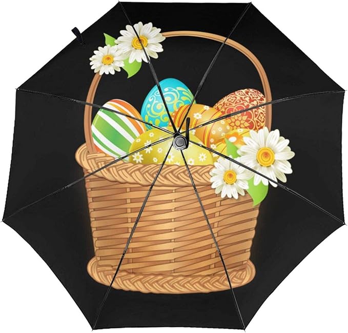 Basket Easter Eggs Travel Umbrella, Windproof Umbrella with Teflon