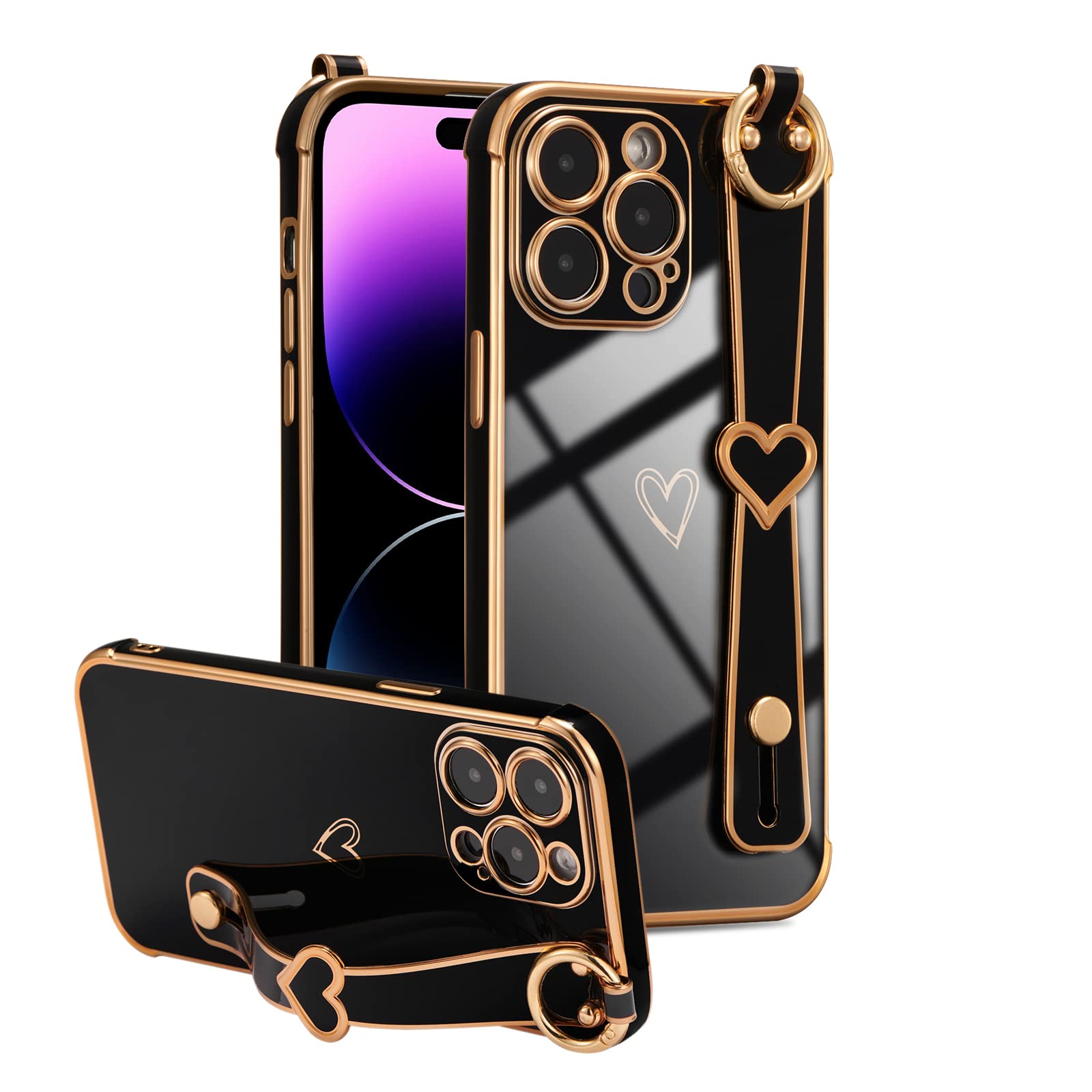 ZTOFERA Compatible with iPhone 13 Pro Case with Wrist Strap, Flexible Silicone Protective Phone Case with Cute Heart Pattern Stand Handle Finger Holder Gold Trim Shockproof Bumper Cover, Black
